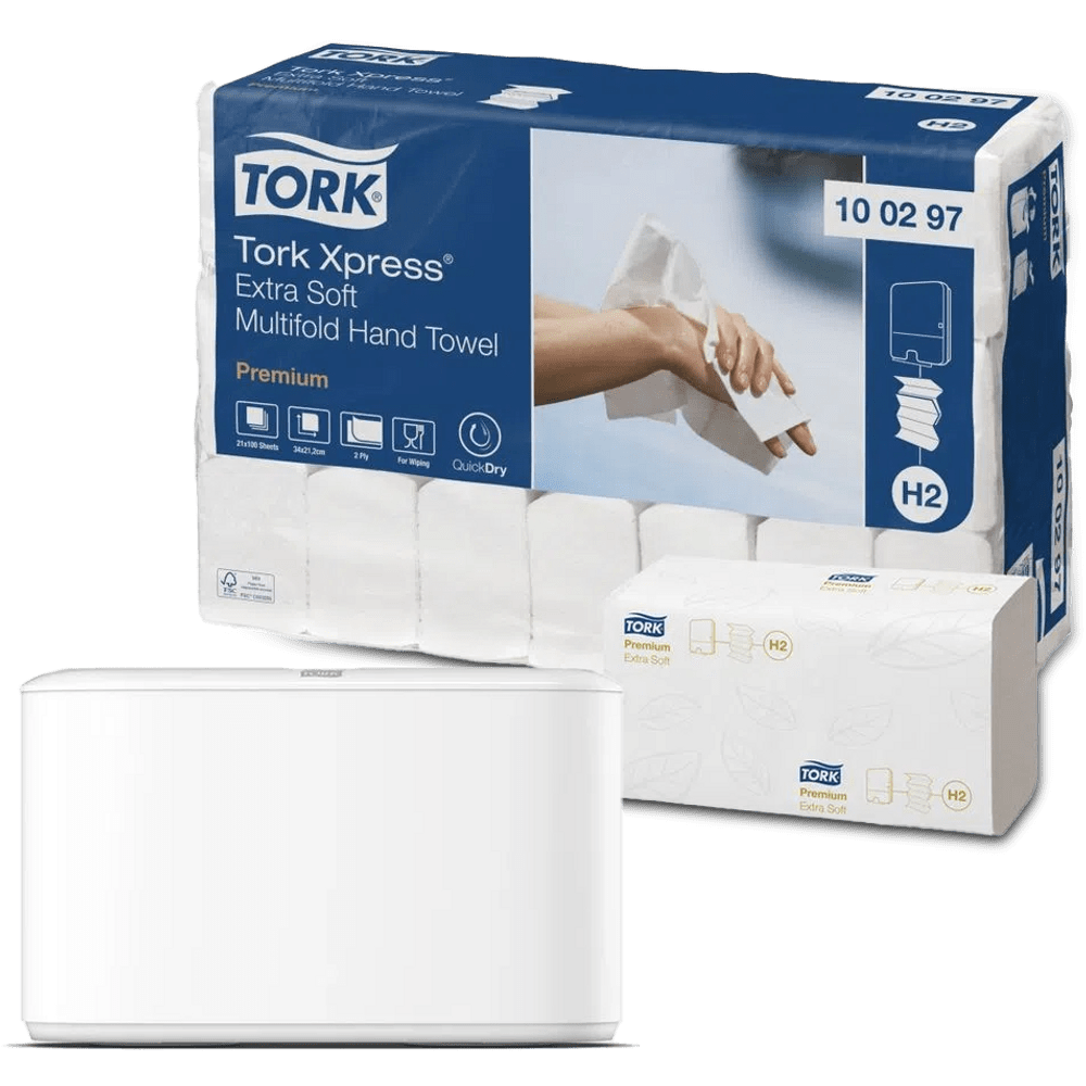Kit: Dispenser Tork Countertop Branco + Papel Toalha Interfolhado Premium  folha dupla 21 pacotes de 150 folhas - Tork Brasil